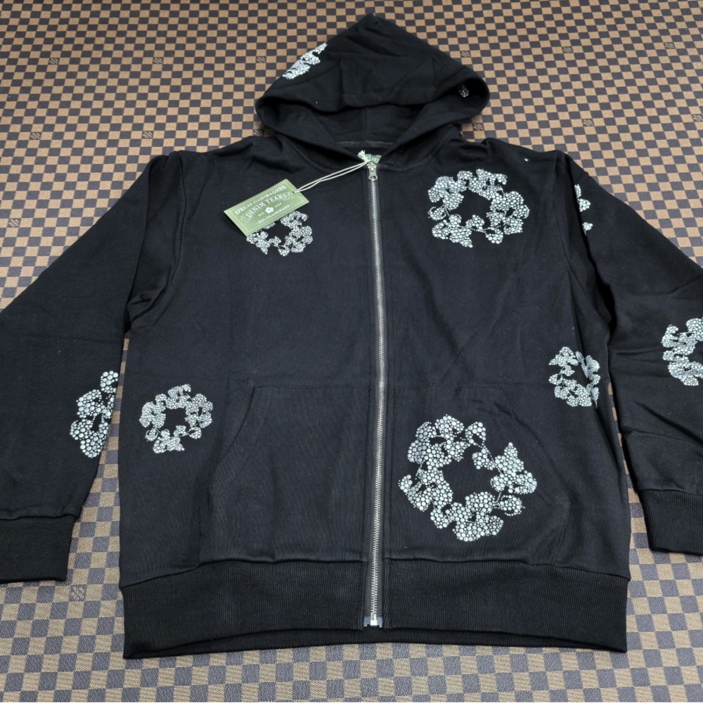 Black Zip-Up Hoodie with White Floral Accents All sizes.